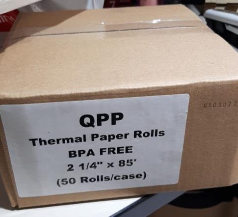 QPP carton of BPA-free thermal rolls, 50 rolls per case
