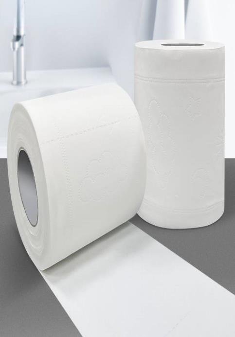 Two rolls of white toilet tissue, one unrolled