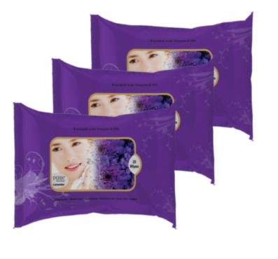 Stacked purple packs of wet wipes